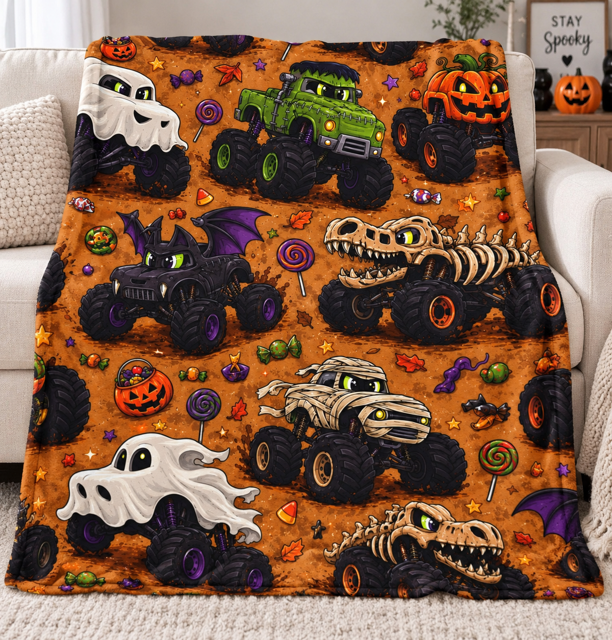 Monster Truck Halloween Plush Blanket — Spooky Candy & Skeleton Trucks Velveteen Throw