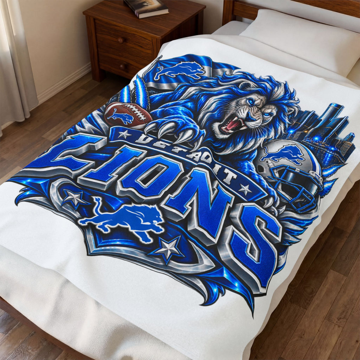 Detroit Lions Velveteen Plush Blanket — Fierce Lion Team Logo Throw for NFL Fans