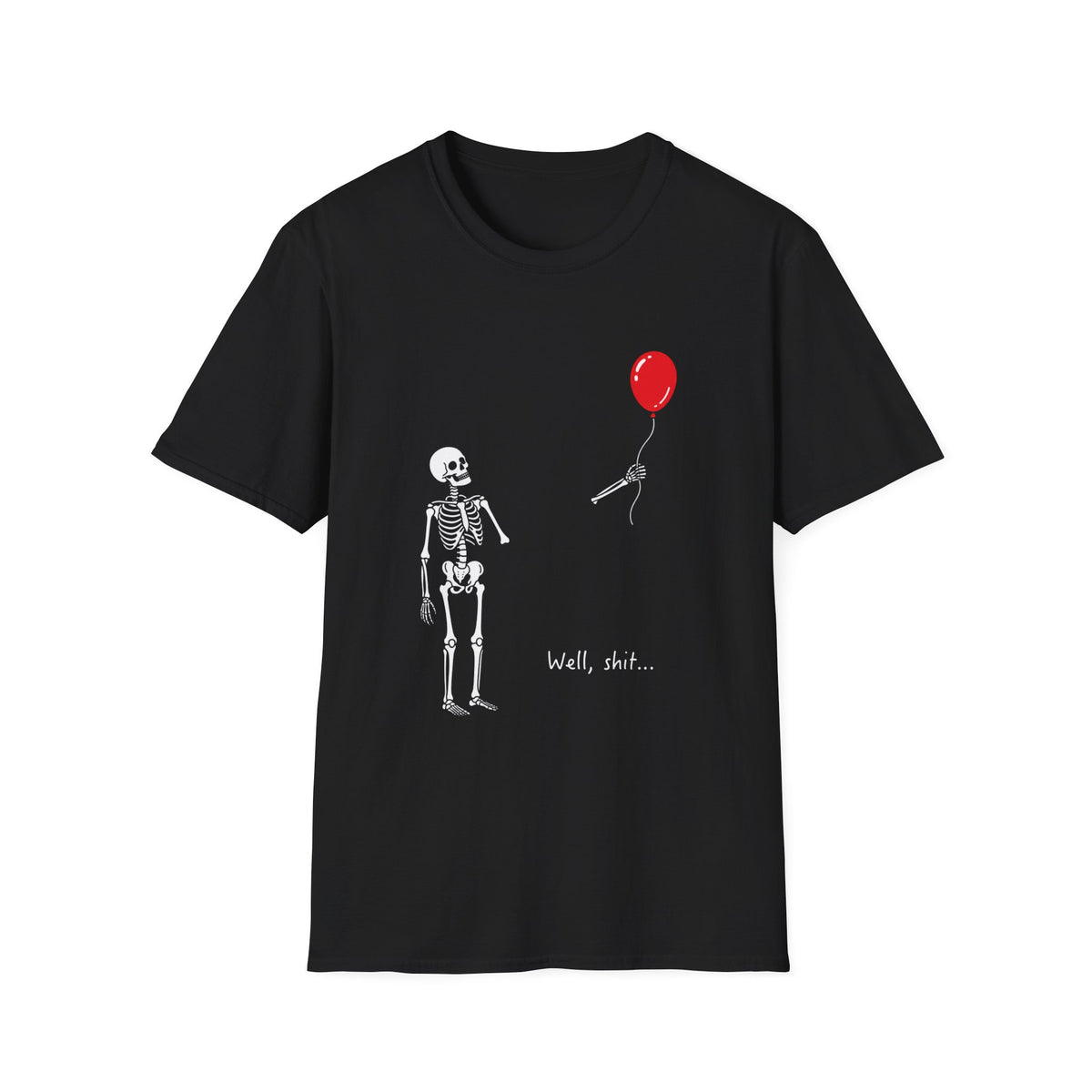 Skeleton Reaching for Red Balloon T-Shirt — Funny Goth Halloween Tee