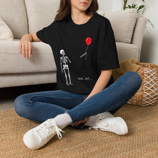 Skeleton Reaching for Red Balloon T-Shirt — Funny Goth Halloween Tee