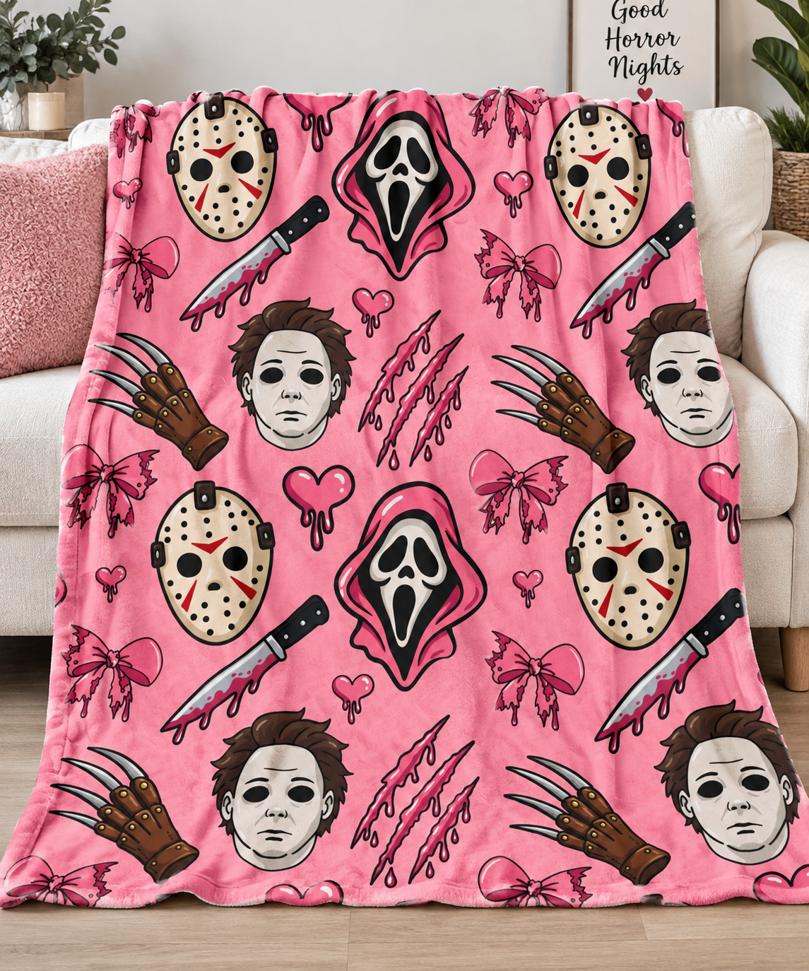 Pink Horror Icons Plush Blanket — Cute Scary Pattern Velveteen Throw