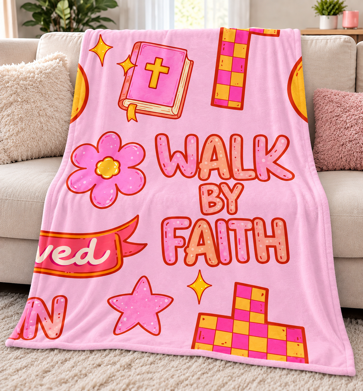 Walk By Faith Pink Velveteen Plush Blanket — Inspirational Christian Throw