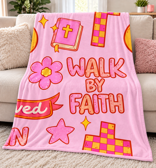 Walk By Faith Pink Velveteen Plush Blanket — Inspirational Christian Throw