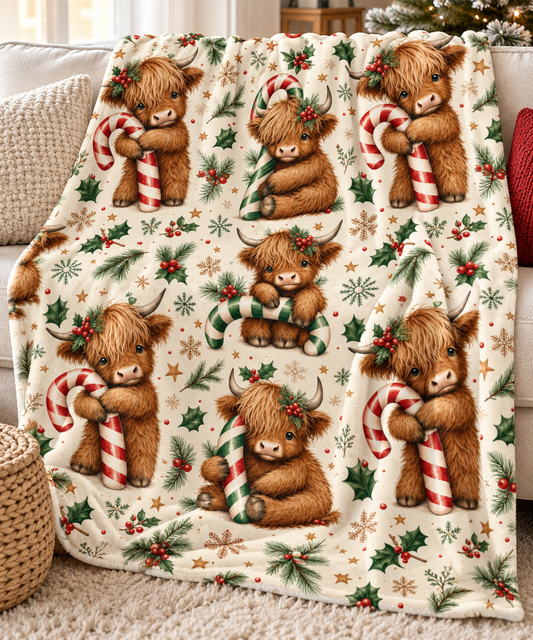 Christmas Highland Cow Velveteen Plush Blanket
