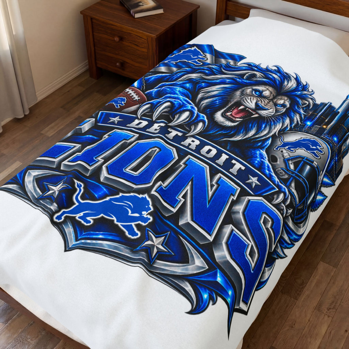 Detroit Lions Velveteen Plush Blanket — Fierce Lion Team Logo Throw for NFL Fans